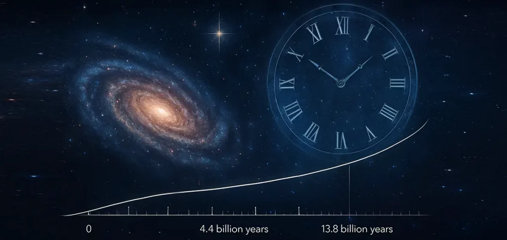A vivid cosmic scene showing a spiral galaxy glowing in orange and blue tones on the left, and a transparent clock with Roman numerals floating in deep space on the right. A curved timeline runs across the bottom, marking 0, 4.4 billion years, and 13.8 billion years, symbolizing the history of the universe and time.