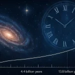 A vivid cosmic scene showing a spiral galaxy glowing in orange and blue tones on the left, and a transparent clock with Roman numerals floating in deep space on the right. A curved timeline runs across the bottom, marking 0, 4.4 billion years, and 13.8 billion years, symbolizing the history of the universe and time.