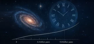 A vivid cosmic scene showing a spiral galaxy glowing in orange and blue tones on the left, and a transparent clock with roman numerals floating in deep space on the right. A curved timeline runs across the bottom, marking 0, 4. 4 billion years, and 13. 8 billion years, symbolizing the history of the universe and time.