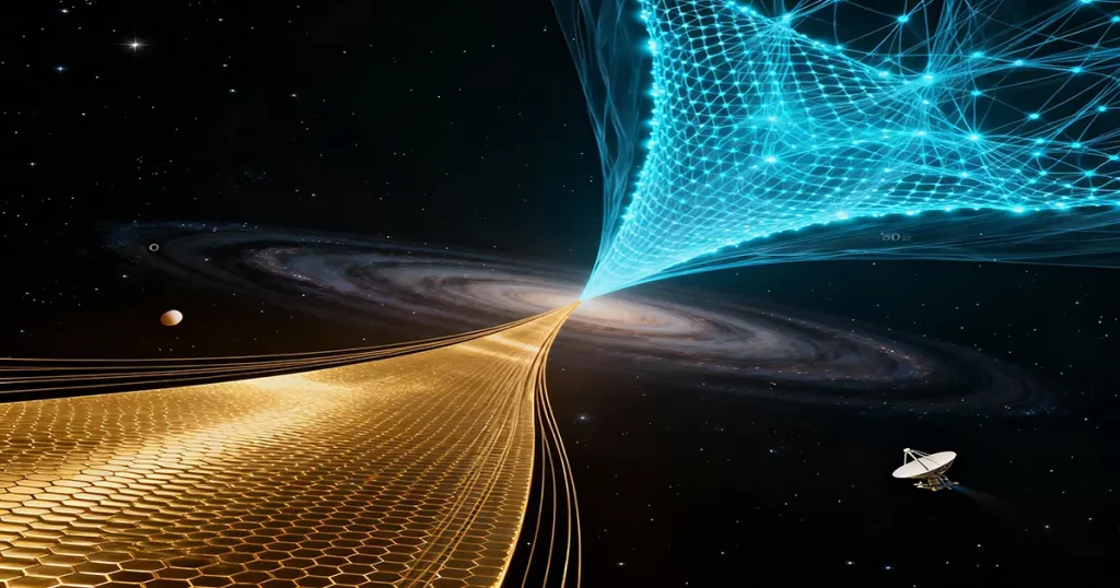 Wide cosmic scene showing a translucent elastic vacuum fabric stretching across space, with a glowing blue 3D electron lattice on the upper right and a golden 2D proton sheet on the lower left. The manifolds are connected by delicate curved streamlines, with faint spiral galaxies in the background and a subtle probe silhouette near the horizon, illustrating quantum mechanics concepts of elastic vacuum gravitation and dual matter universes.