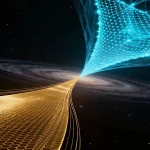 Wide cosmic scene showing a translucent elastic vacuum fabric stretching across space, with a glowing blue 3D electron lattice on the upper right and a golden 2D proton sheet on the lower left. The manifolds are connected by delicate curved streamlines, with faint spiral galaxies in the background and a subtle probe silhouette near the horizon, illustrating quantum mechanics concepts of elastic vacuum gravitation and dual matter universes.
