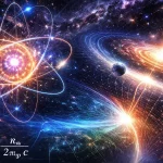 Cosmic visualization of quantum boundaries showing electron–proton duality, atomic structures, and large-scale cosmic limits in General Quantum Mechanics