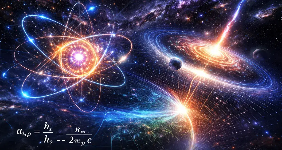 Cosmic visualization of quantum boundaries showing electron–proton duality, atomic structures, and large-scale cosmic limits in general quantum mechanics