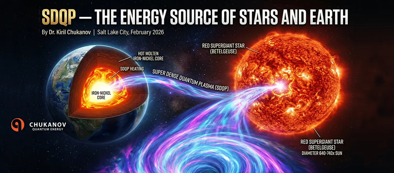 Illustration showing super dense quantum plasma (sdqp) acting as the energy source for earth's molten core and a red supergiant star, based on dr. Kiril chukanov's theory.