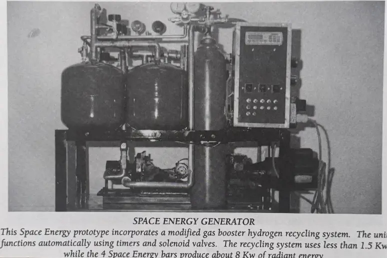 Space Energy Generator Prototype This space energy prototype incorporates a modified gas booster hydrogen recycling system. The unitial functions automatically using timers and solenoid valves. The recycling system uses less than 1. 5 kw while the 4 space energy bars produce 8kw or radiant energy
