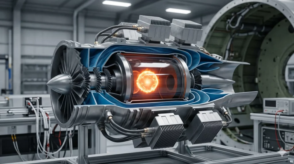 A detailed, cutaway engineering model of an experimental jet turbine in a test facility. At its core, a vibrant, multi-colored quantum plasma field is visible, marked distinctly with a psi (ψ) symbol. The engine is mounted on a stand and is surrounded by detailed electronic control modules and complex wiring, all within a laboratory environment.