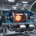 A detailed, cutaway engineering model of an experimental jet turbine in a test facility. At its core, a vibrant, multi-colored quantum plasma field is visible, marked distinctly with a psi (ψ) symbol. The engine is mounted on a stand and is surrounded by detailed electronic control modules and complex wiring, all within a laboratory environment.