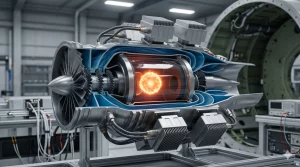 A detailed, cutaway engineering model of an experimental jet turbine in a test facility. At its core, a vibrant, multi-colored quantum plasma field is visible, marked distinctly with a psi (ψ) symbol. The engine is mounted on a stand and is surrounded by detailed electronic control modules and complex wiring, all within a laboratory environment.