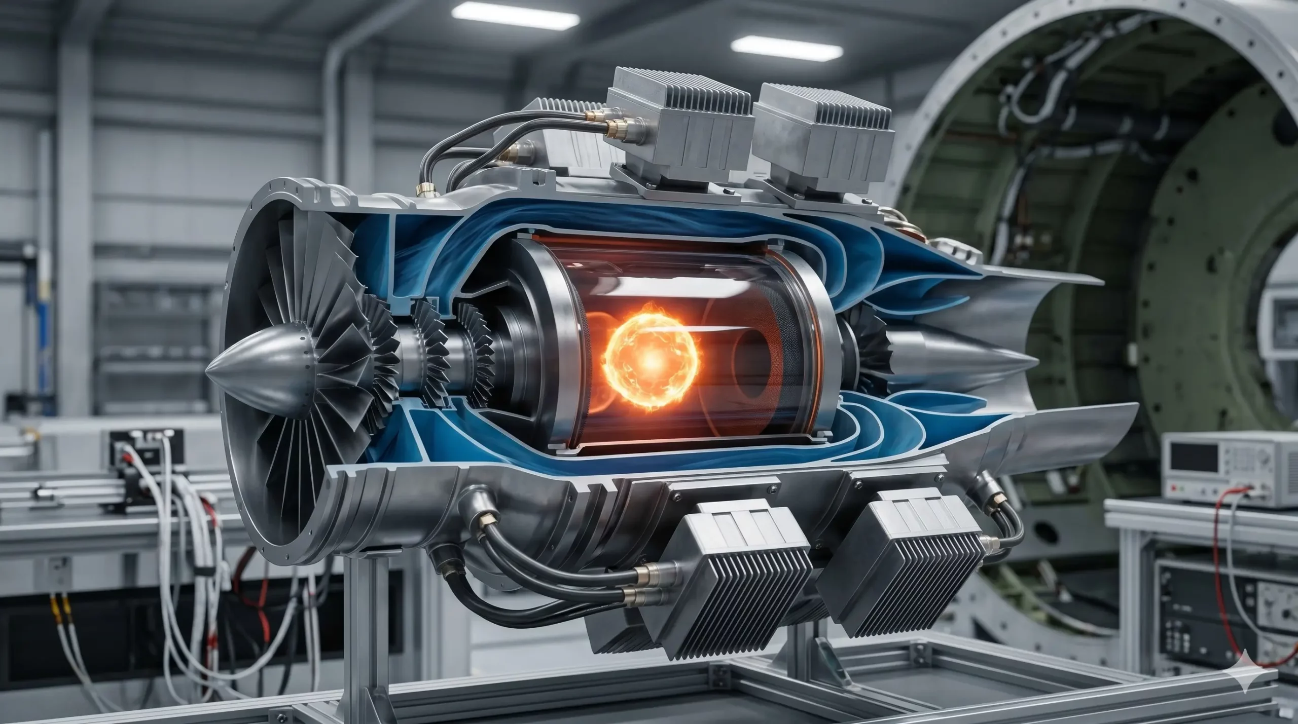 A detailed, cutaway engineering model of an experimental jet turbine in a test facility. At its core, a vibrant, multi-colored quantum plasma field is visible, marked distinctly with a psi (ψ) symbol. The engine is mounted on a stand and is surrounded by detailed electronic control modules and complex wiring, all within a laboratory environment.