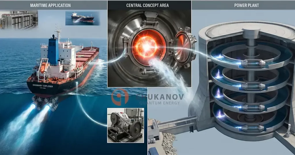 A composite visualization showing a cargo ship powered by stern-mounted quantum engines, a high-pressure ball lightning chamber, and a vertical multi-level fuelless power plant.
