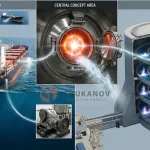 A composite visualization showing a cargo ship powered by stern-mounted quantum engines, a high-pressure ball lightning chamber, and a vertical multi-level fuelless power plant.